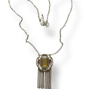 Lia Sophia Gold Tone Glass Rhinestone Pendant Openwork Fringe Necklace 35"